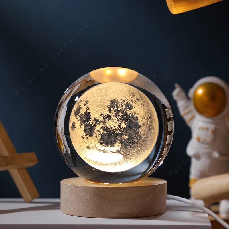 5cm Unique 3D Crystal Ball Night Light – LED Galaxy Lamp Saturn & Moon for Kids Birthday Gift