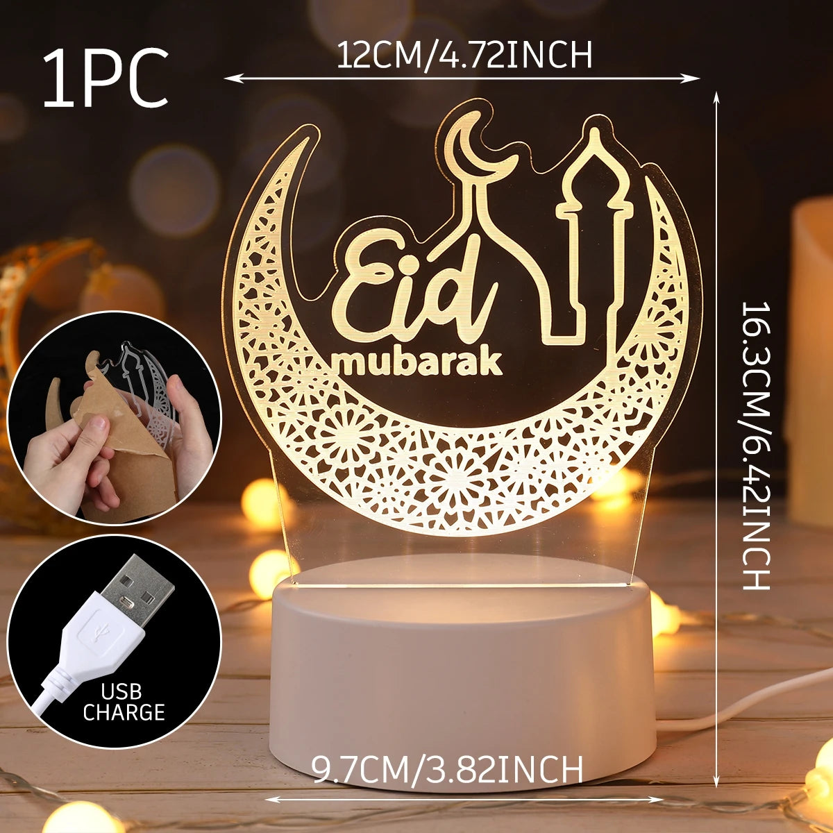 Eid Mubarak 3D LED Lamp – Moon & Star Ramadan Night Light 2026 Home Decoration