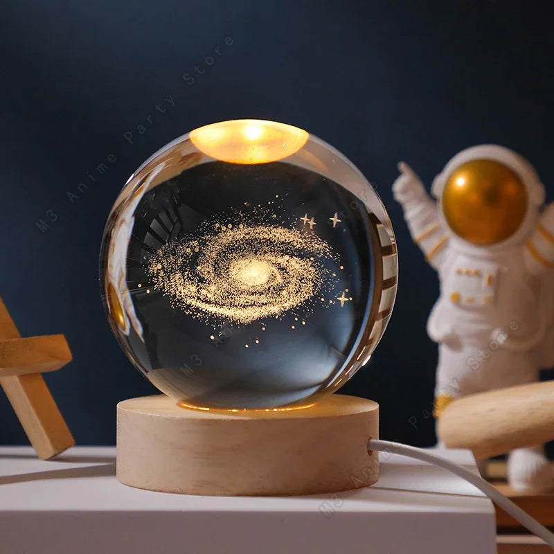 5cm Unique 3D Crystal Ball Night Light – LED Galaxy Lamp Saturn & Moon for Kids Birthday Gift