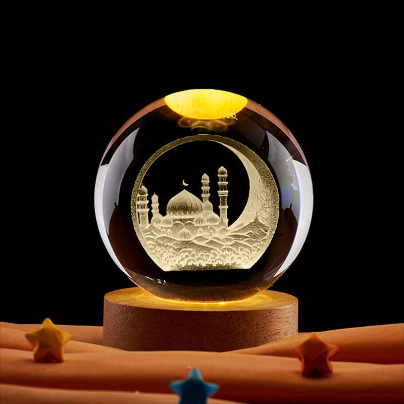 Ramadan 3D Crystal Ball Night Light – Mosque, Castle & Moon Islamic Decoration Ramadan Kareem Gift