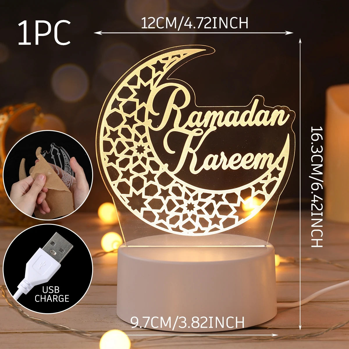 Eid Mubarak 3D LED Lamp – Moon & Star Ramadan Night Light 2026 Home Decoration