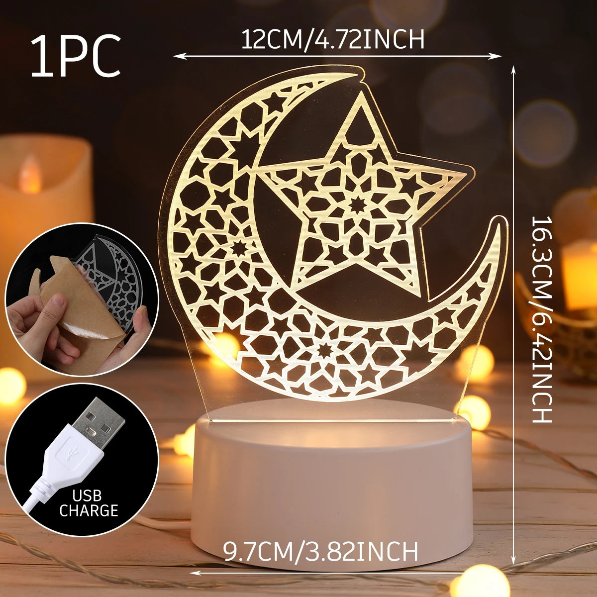Eid Mubarak 3D LED Lamp – Moon & Star Ramadan Night Light 2026 Home Decoration