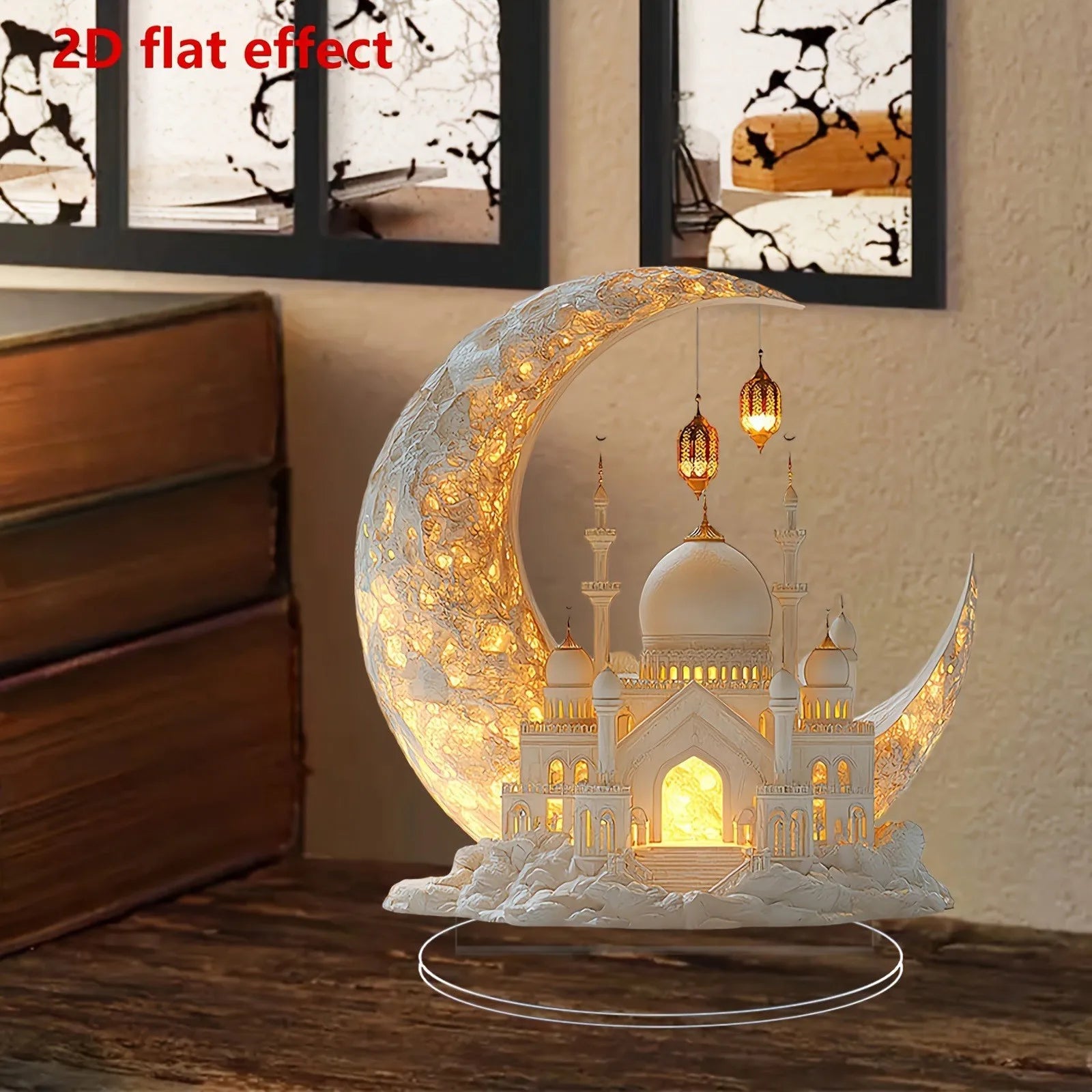 2D Acrylic Crescent Castle Ornament – Ramadan Eid Al-Fitr Mubarak Islamic Table Decoration