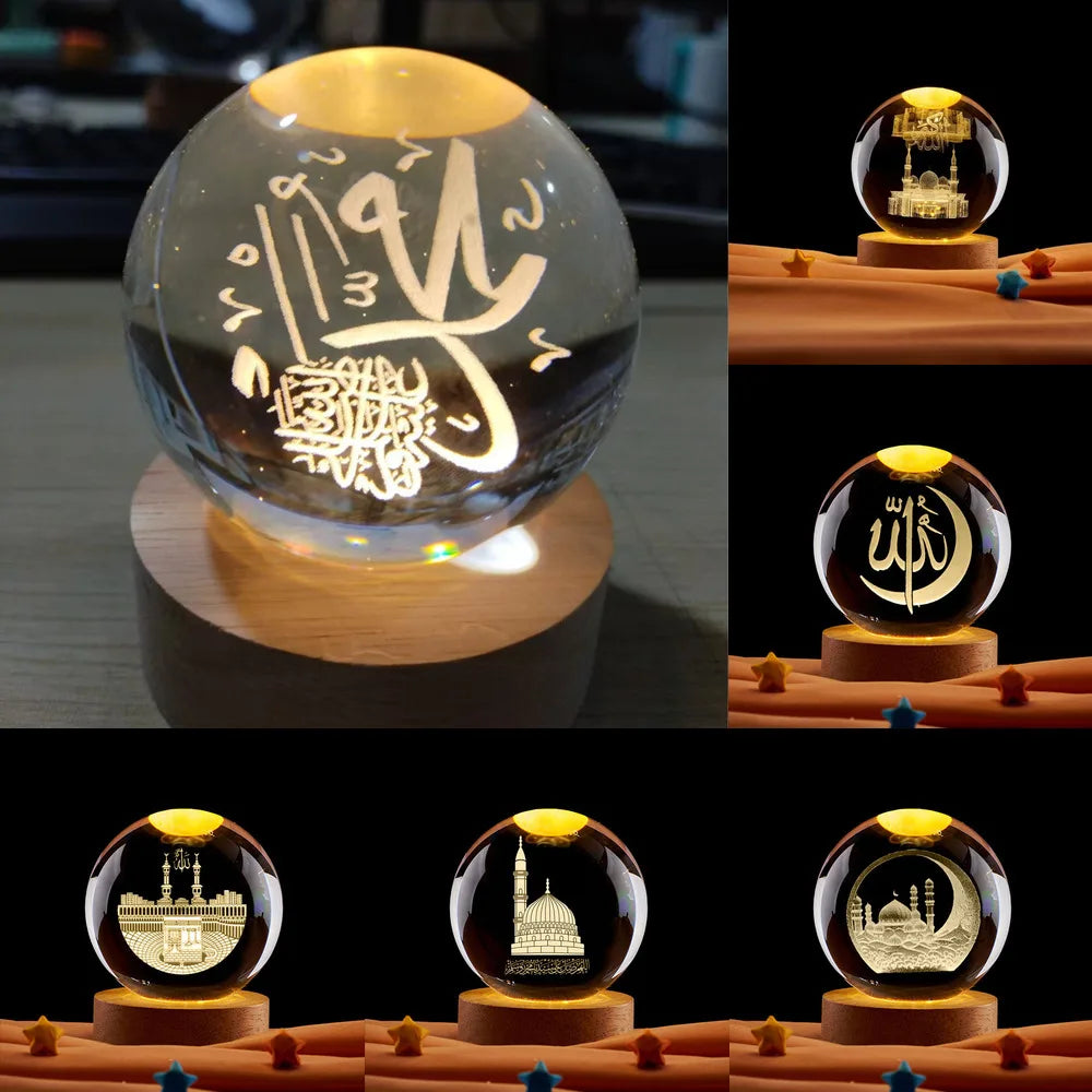 Ramadan 3D Crystal Ball Night Light – Mosque, Castle & Moon Islamic Decoration Ramadan Kareem Gift