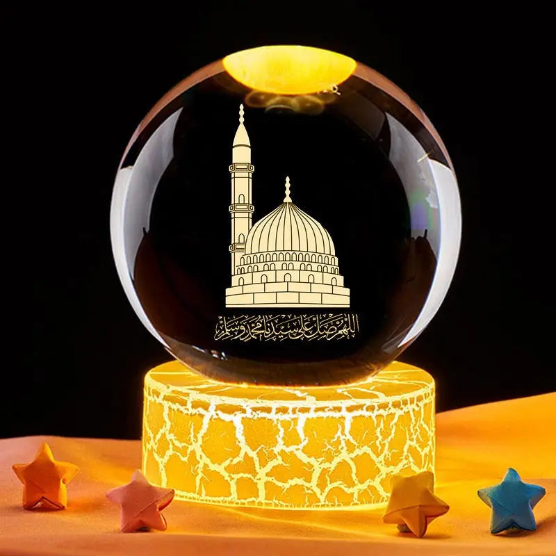Ramadan Glowing Mosque 3D Crystal Ball Ornament – Rotating Islamic Home & Party Decor