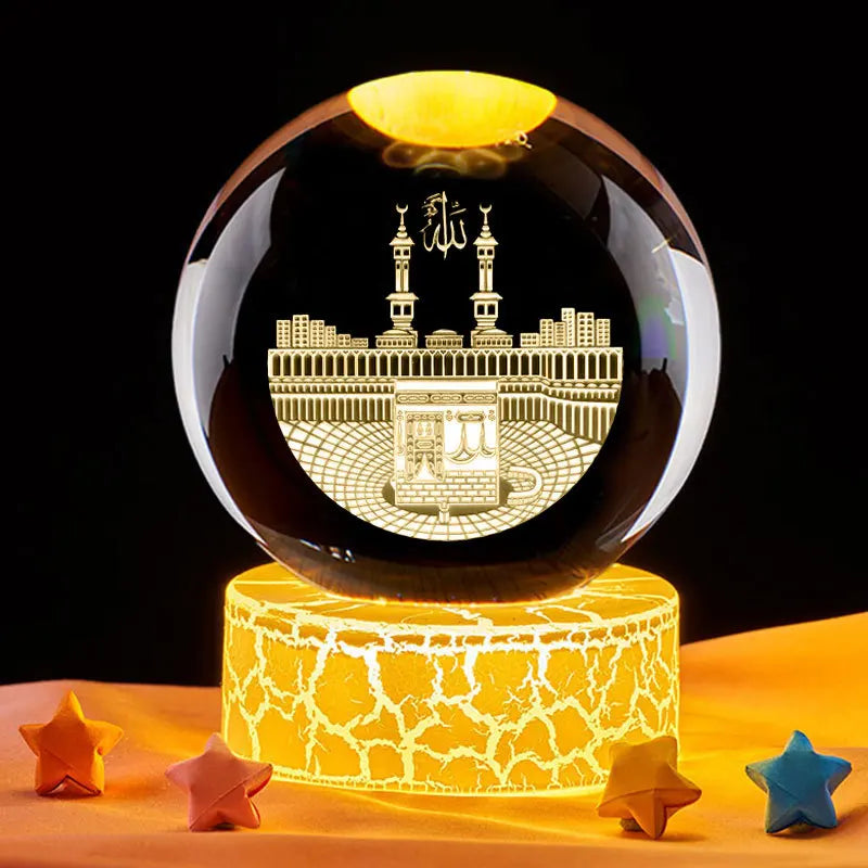 Ramadan Glowing Mosque 3D Crystal Ball Ornament – Rotating Islamic Home & Party Decor