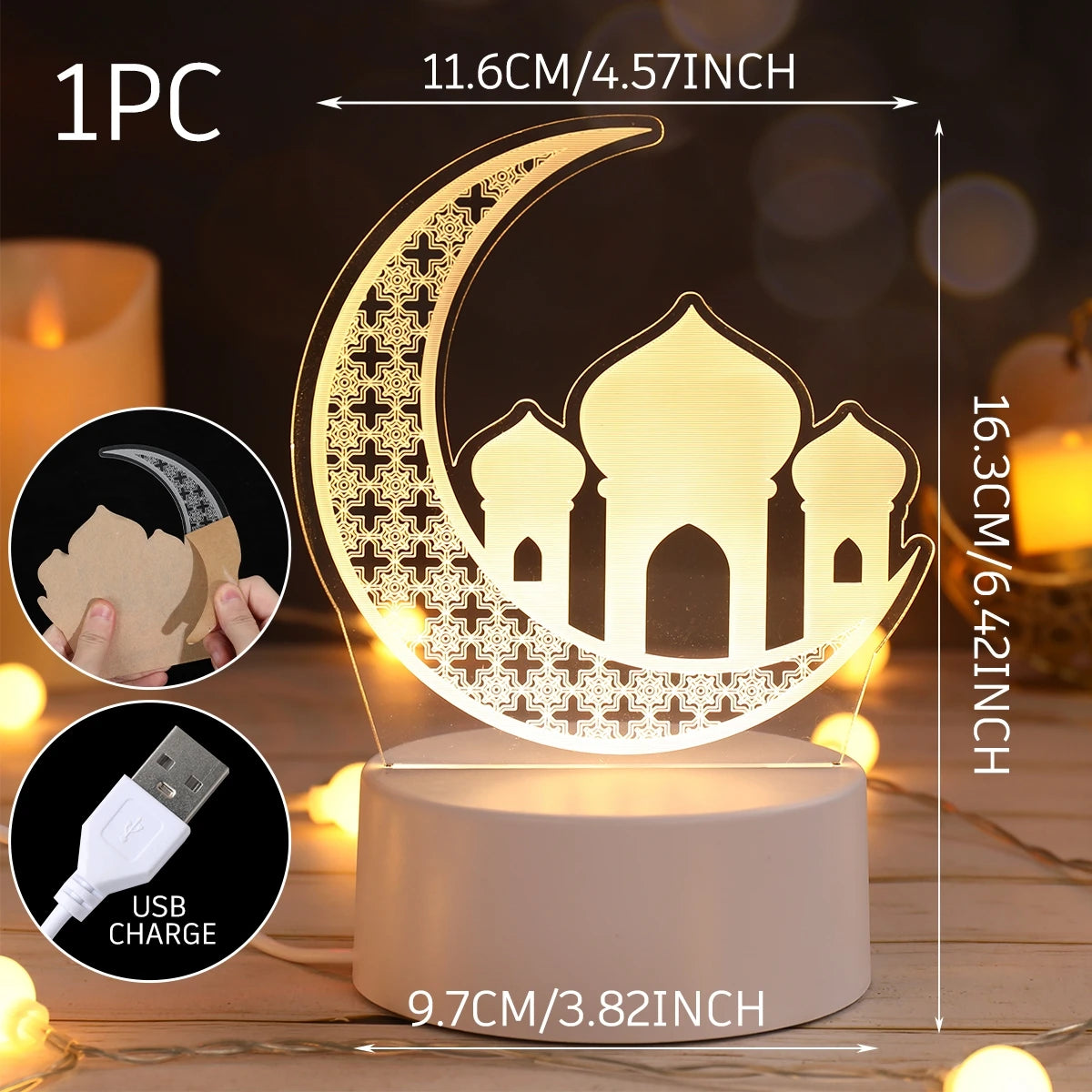 Eid Mubarak 3D LED Lamp – Moon & Star Ramadan Night Light 2026 Home Decoration