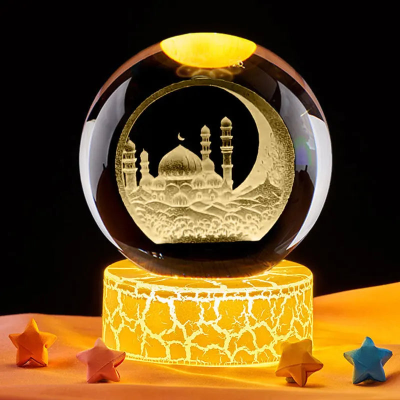 Ramadan Glowing Mosque 3D Crystal Ball Ornament – Rotating Islamic Home & Party Decor