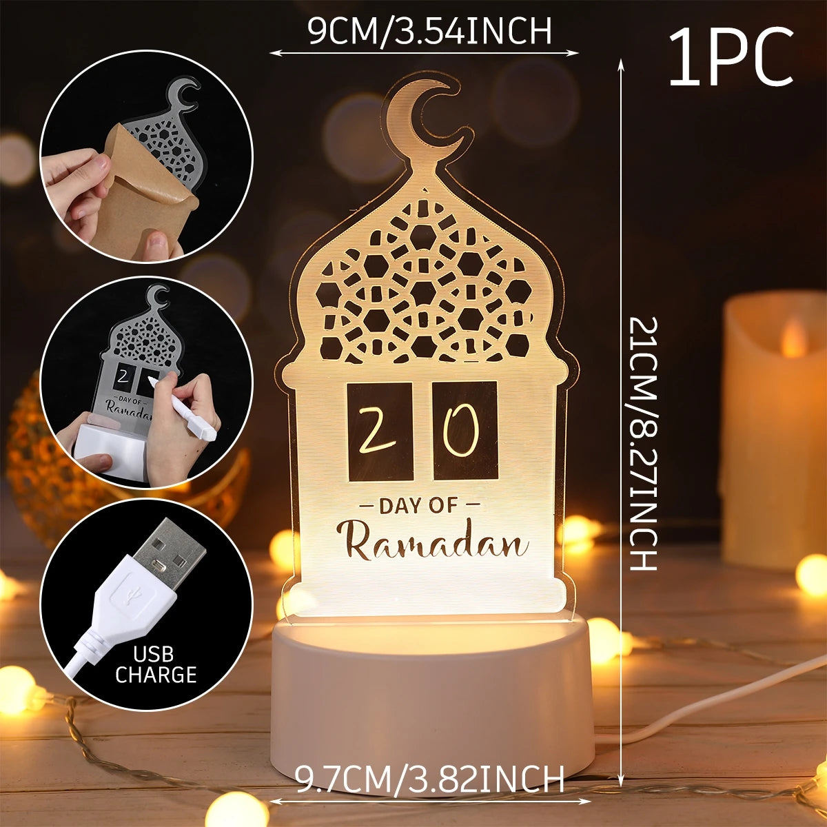 Eid Mubarak 3D LED Lamp – Moon & Star Ramadan Night Light 2026 Home Decoration