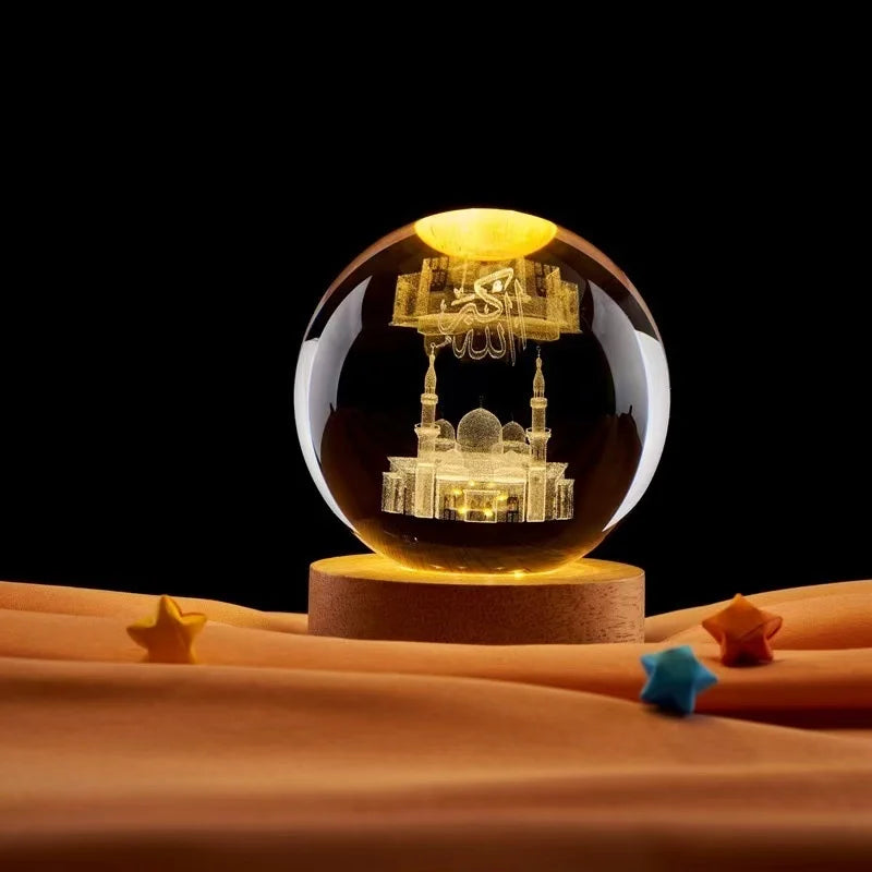 Ramadan 3D Crystal Ball Night Light – Mosque, Castle & Moon Islamic Decoration Ramadan Kareem Gift