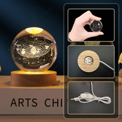 5cm Unique 3D Crystal Ball Night Light – LED Galaxy Lamp Saturn & Moon for Kids Birthday Gift