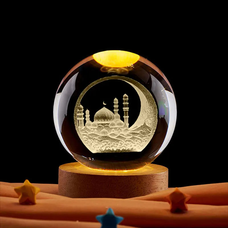 Ramadan Glowing Mosque 3D Crystal Ball Ornament – Rotating Islamic Home & Party Decor