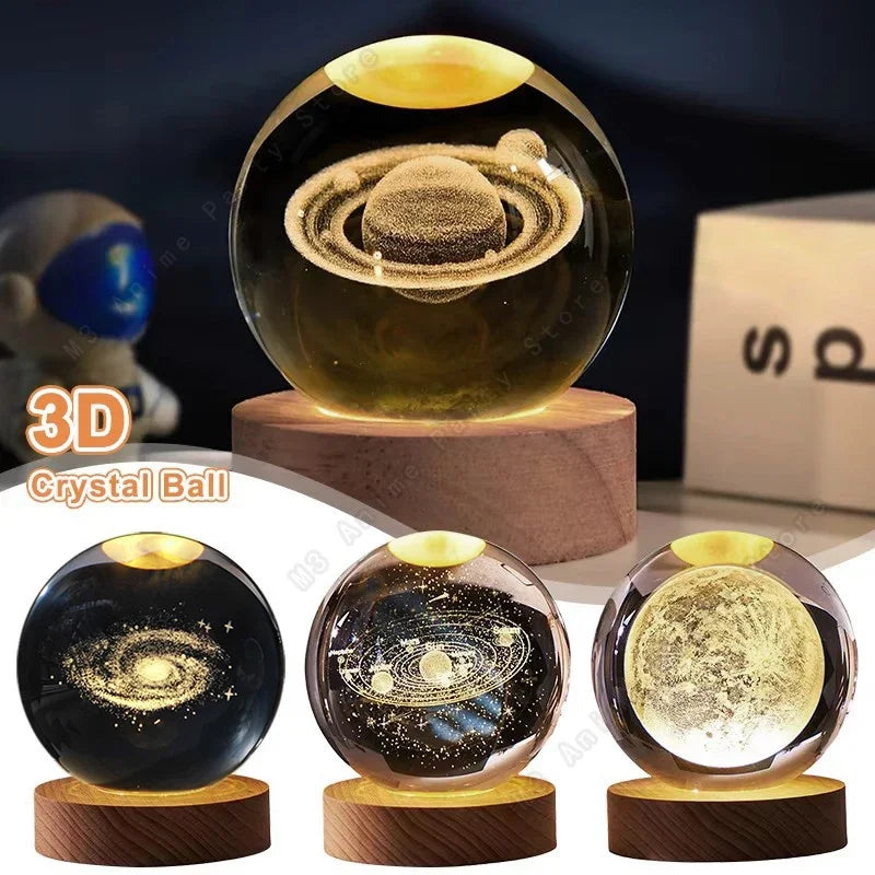 5cm Unique 3D Crystal Ball Night Light – LED Galaxy Lamp Saturn & Moon for Kids Birthday Gift