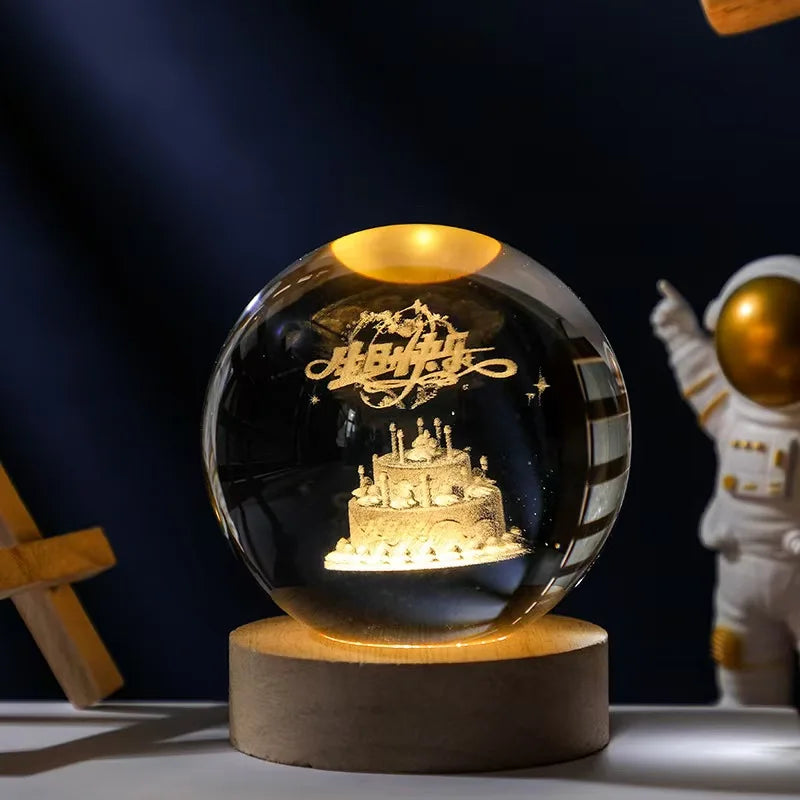5cm Unique 3D Crystal Ball Night Light – LED Galaxy Lamp Saturn & Moon for Kids Birthday Gift